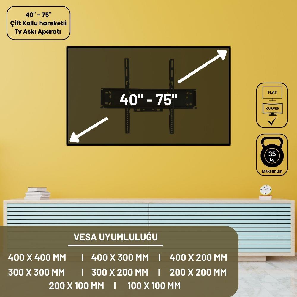 Bestoclass Altus AL 55L 8840 5B Çift kollu Hareketli Tv askı aparatı - Pratik ve Dayanıklı TV Montajı için İdeal Çözüm