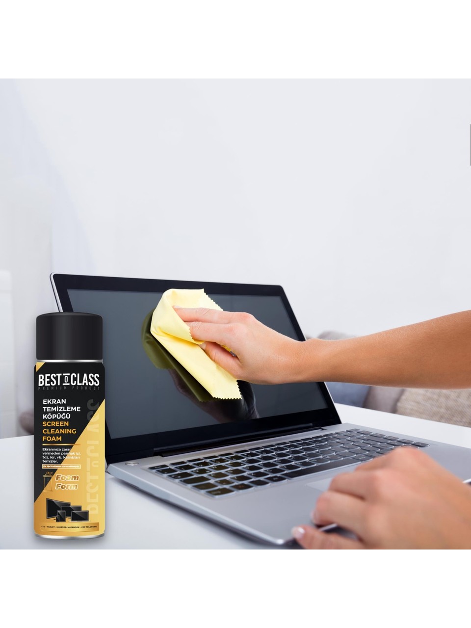 BESTOCLASS Premium Ekran Temizleme Köpüğü 500 ML | TV, Monitör, Laptop, Tablet ve Telefon Ekran Temizleyici | Mikrofiber Bez Dahil | Alkol ve Amonyak İçermez - Görsel 3